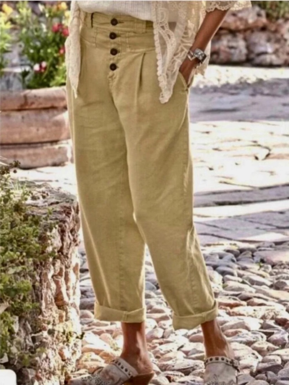 Sundance Quinn Linen Tencel Tan Button Front Pants
